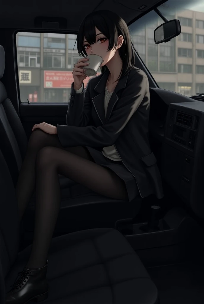 Illustration, Adult female, Black medium length hair, black leather coat, black shorts, Black Nashi, black pantyhose, in car, coffee