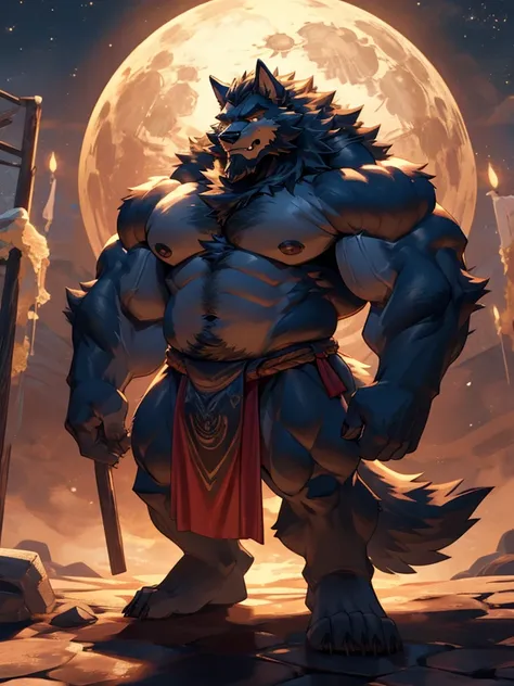 A burly, virile, and hairy obese werewolf with distinct wolf ears and a bushy tail, standing tall and proud against a full moonlit sky. His fur is thick and majestic, framing a powerful fat physique that is overmuscular and fat to the extreme. His broad sh...