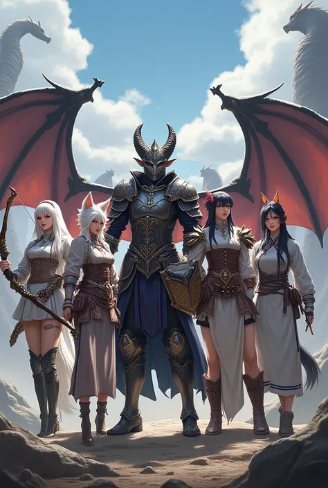  reality, Photo quality,4K,Photo Quality, A fantasy adventure group consisting of 5 female members :  the first one is a white-skinned, white-skinned woman with short white hair , red eyes, with soft, pointed ears, Wearing silver armor, Carrying a bow.  Th...