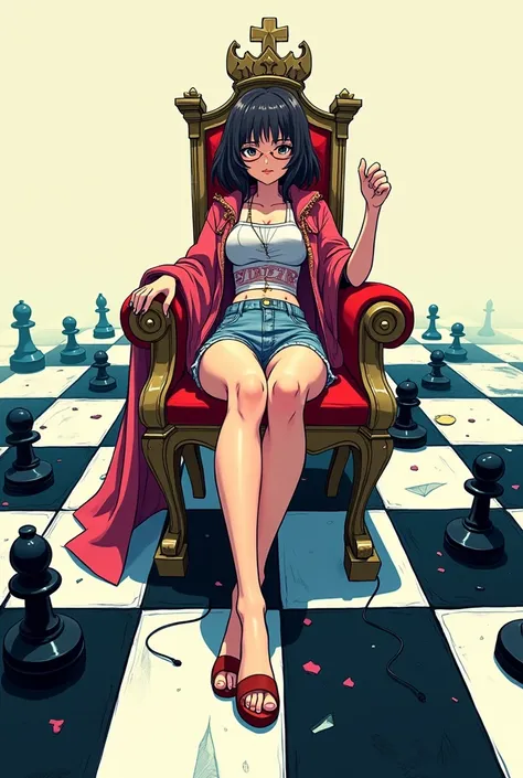 manga, High school gamer princess sitting on her throne and her sexy nerdy minion in glasses at her feet on a giant chessboard 