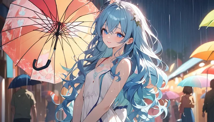 One Girl、(Delicate appearance:1.1)、(Porcelain Skin:1.2)、Long wavy hair、(With a colorful umbrella:1.3)、(A happy look:1.2)、(Eyes enjoying the rain all around:1.1)、Small breasts、break  
(soft light:1.1)、(Bright colors:1.2)、(Fun in the rain:1.1)、Convivial atmo...