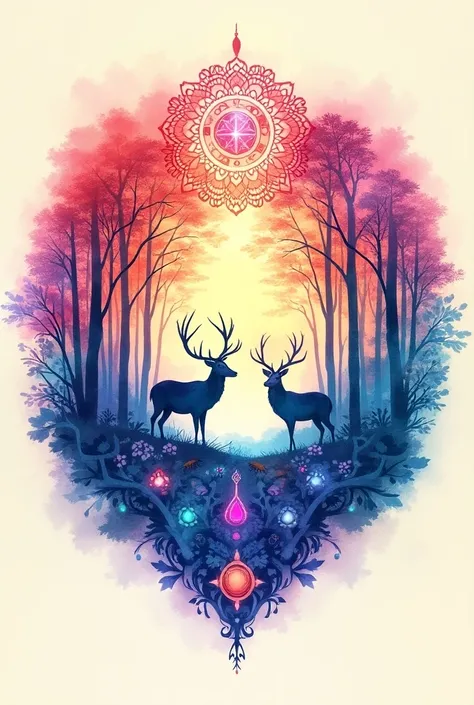   Design an incredibly beautiful watercolor mandala logo on a beige background,  radiating joy ,   but soothing  ,   combining bright  , harmonious neon colors  . The logo consists of a beautiful mandala ,  with a magic forest in the background , deer with...