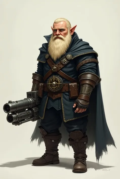 very realistic art, gnome, artificer, male, blonde hair, blues eyes, 30 years old, hold a hi-tech cannon in your hands, with medieval black clothes, blank background