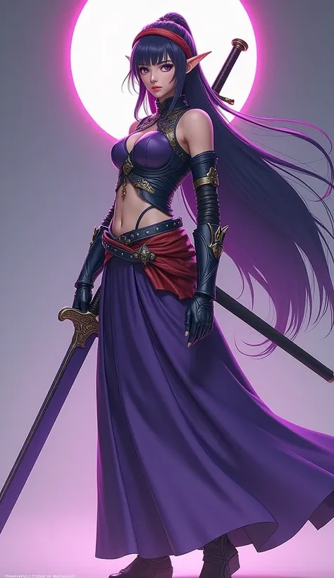  masterpiece ,best quality,height,ultra-detailed,Yuki (star),Pointed ears,Long hair,Ahoke,Red headband,Leonard,Purple Open Shoulder Steel Armor,Purple Sleeve ,Split arm,Purple gloves,  Classic Purple Longsword,belt,Long skirt,(Purple Skirt :1.2),Boots,stan...