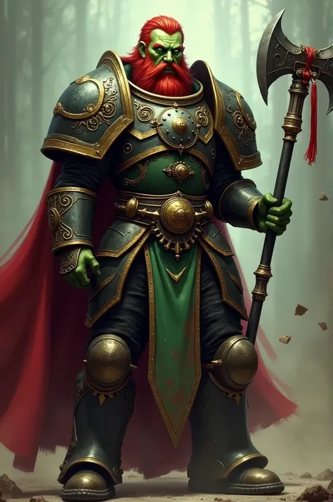 Warhammer 40k character with green eye and red hair and green skin with a long hammer  and an armour with black and red on it and tall and a male with no Beard