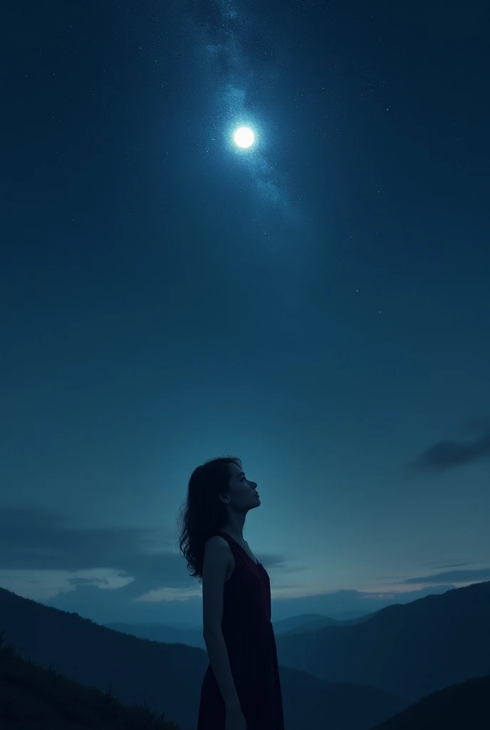 A woman watching a night sky with a big star shining 