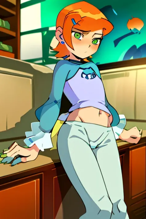 (masterpiece, best quality), 1girl, claasicgwen,solo,orange hair,short hair,green eyes ,blue shirt,raglan sleeves,long sleeves,white pants