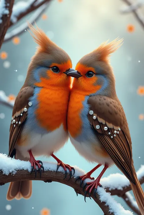 "An two enchanting robin with kissing, red  brown blue and pink feathers, with pearls lining its wings and a tiny fine diamond , perched on a snow-covered branch."