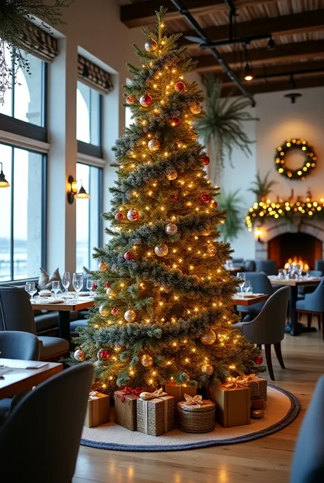  Christmas atmosphere inside the Marina style restaurant ,   under the palette of blue ,  white and silver . 
  Tree decoration ,  this will be intervened with a garland to give it more height and filling ,  in the same way
It will have completely new elem...