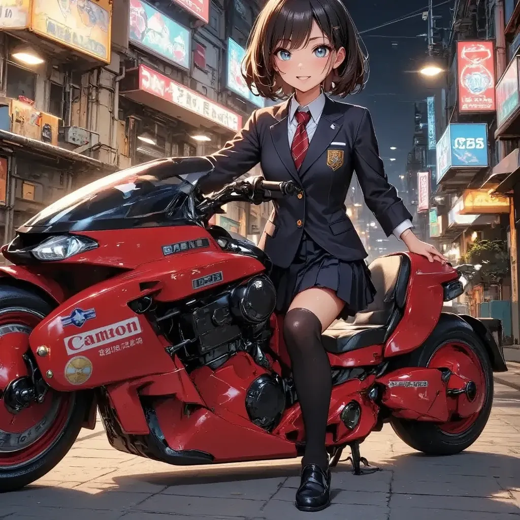 1girl,Sitting,Akira Bike,Lean back,Put your foot forward,Large scooter,Very low seat,Low vehicle height,beautiful eyes down to the smallest detail,Beautiful lips down to the last detail,very beautiful eyes down to the smallest detail and face,long eyelashe...