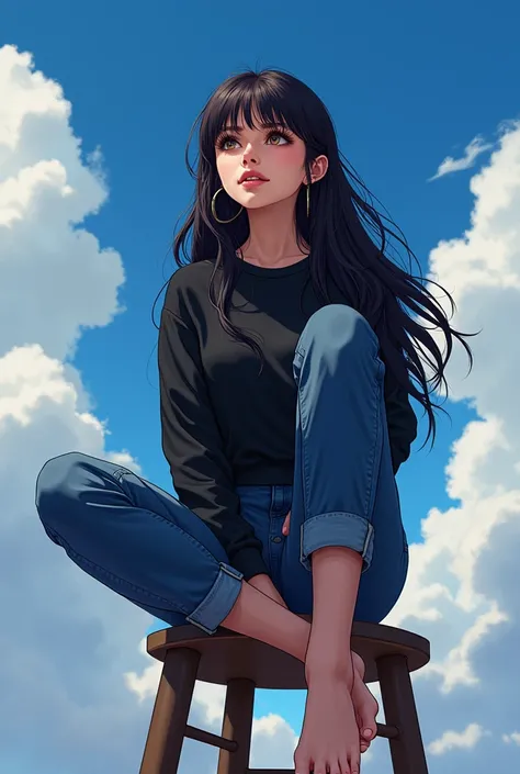 wallpaper,A woman sits on a stool，Looking up， best quality, Very detailed, masterpiece, Extremely detailed, illustration, Sky,Foot Focus, Smirk， Bangs，Long hair，齐Bangs, barefoot，The soles of your feet sweat a lot，Black sweatshirt，jeans，big sister，30 years ...