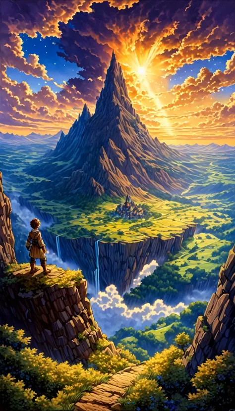 Anime style a painting of a boy bordering an abyss in the sky, anime landscape, inspired by the Hildebrandt brothers ,  inspired by the Hildebrandt brothers ,  by David B . Mattingly ,!!!!!!! by the Hildebrandt brothers!!!!!!  detailed landscape art , by t...