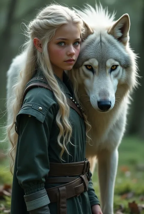 Half elf girl with silver blond hair and hazel eyes. With a silver wolf. adopted sister of Vax and Vex 