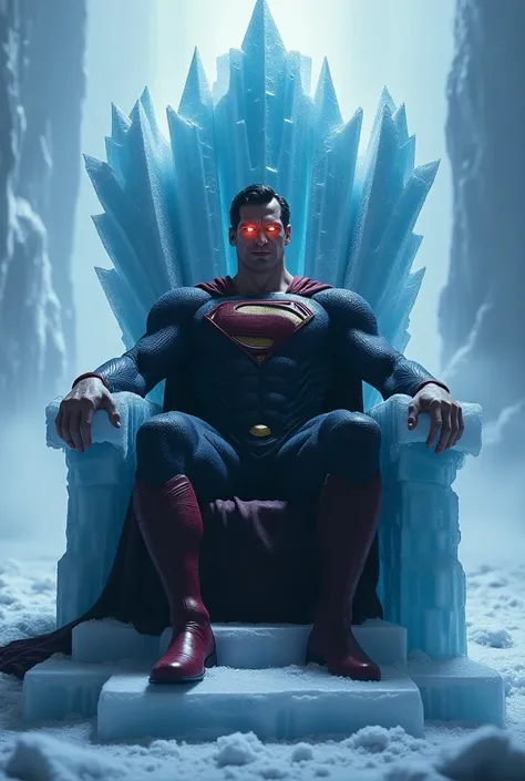  Superman sitting on a magnificent and large ice throne , sarcastic and evil face  , Laizer eyes , smile