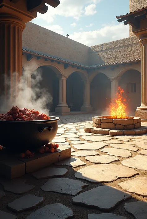  Make a large pot of meat on the left and a fire pit on the right,  separated from each other in a huge, well-lit outdoor courtyard 