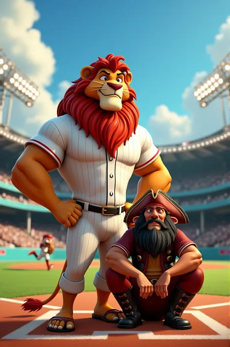 Pixar-like Disney poster of a muscular lion in a baseball uniform and next to him is a Caribbean pirate sitting crying. In the background a baseball stadium  