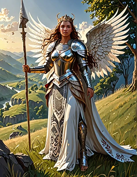 THE GODDESS WAS BEAUTIFUL IN APPEARANCE, DRESSED IN KNIGHTLY ARMOR, WITH BEAUTIFUL CARVED PATTERNS, WITH WHITE WINGS, CARRIED A FLAG, STANDING ON A HILL OF GRASS, LOOKING AT THE SACREDNESS RELIABLY, THE LIGHT SHINING DOWN, SURROUNDED BY THE TRIBES.