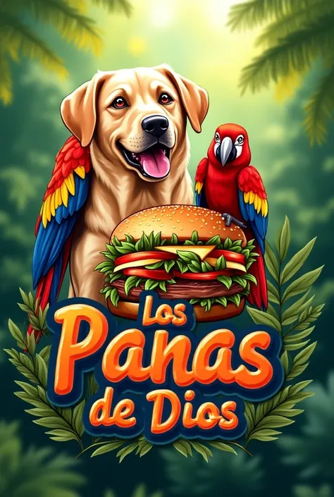 An exotic logo for me fast food business with a Labrador dog with a red macaw with a hamburger and under the name of the business, Is called "Los Panas de Dios "