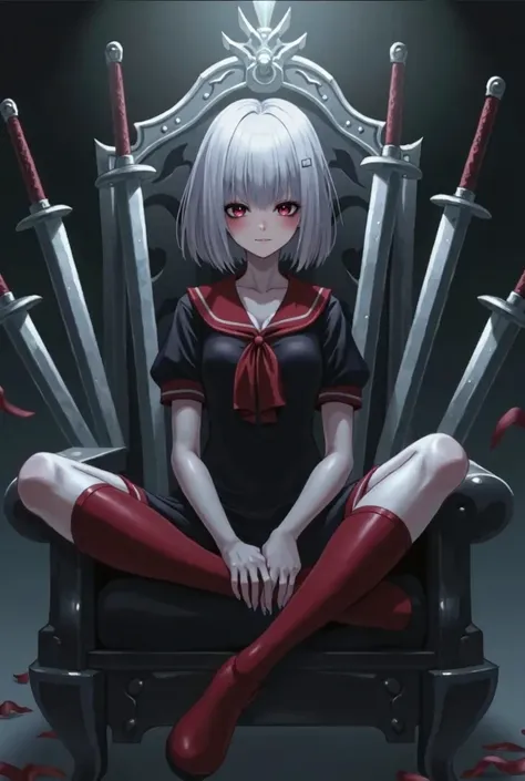 Anime, dark-haired, short-haired, white-skinned, flat-chested woman wearing a black-red school dress is sitting on a throne that is a silver sword.