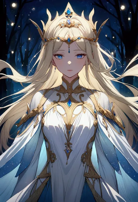 A beautiful  female with long, flowing, light-blonde hair, wearing a flowing, light-blue, and white gown adorned with golden embellishments and shimmering gems.  She has a serene expression and captivating blue eyes, and a regal tiara on her head.  The gow...