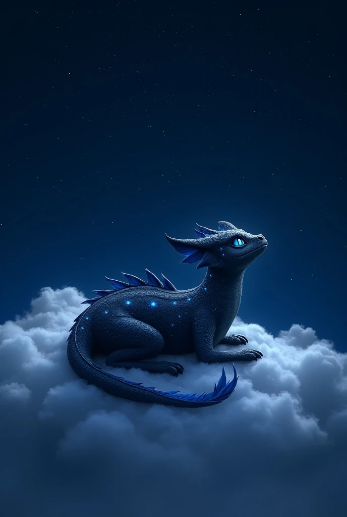 nightfury with blue eyes and blue tail and stars in scales on a cloud while looking up in amaze at the night sky filled with stars.