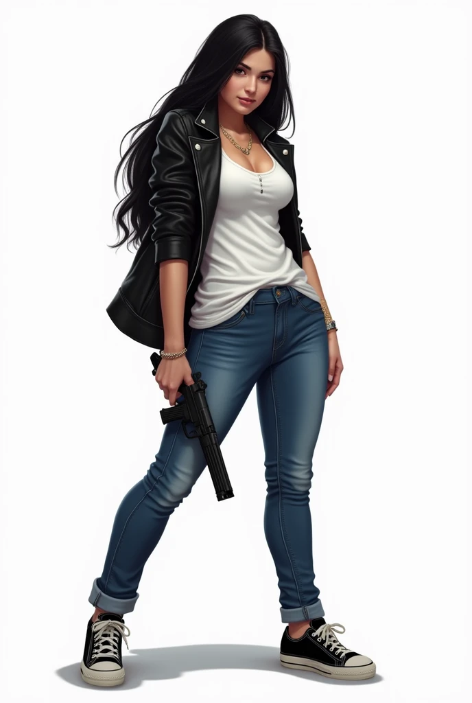  Create an image with the following information.

white and simple background.
 Woman in the center of the image ,  and that can be seen from head to toe .
Something attractive ,  with the pretty face . not so attractive .
 long black hair.
 Carrying a gun...