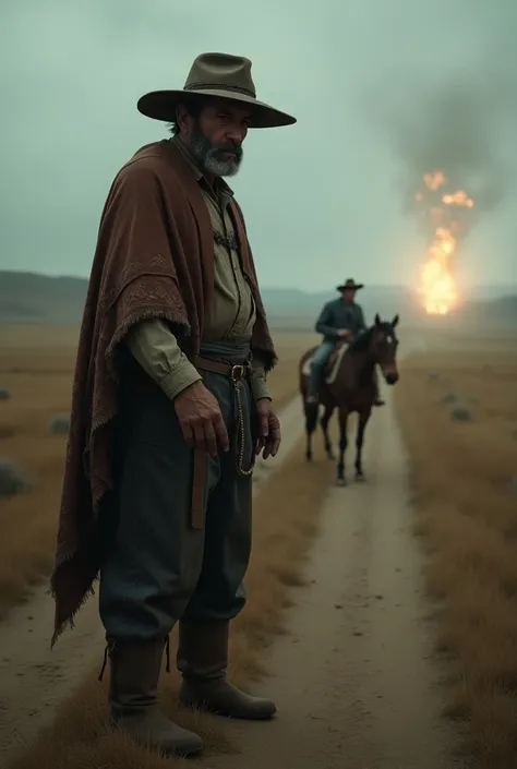 
Gaucho and the Bad Light :  A gaucho standing on a dirt road ,  with his horse behind ,  observing a mysterious light that seems to float a few meters away;  his expression is one of fear and respect .
