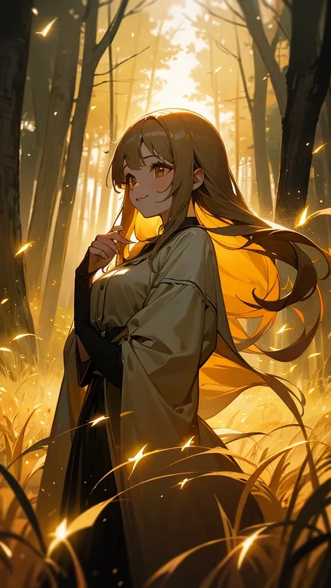  high resolution on down,  1 girl, smile, Long Hair、Dark Night Forest 、The Girl Who Lives in the Forest 、Countless grains of light 。 lots of fireflies flying around。 Fantastic Dark Forest Scenery。Countless yellow grains of light、lanthanum、