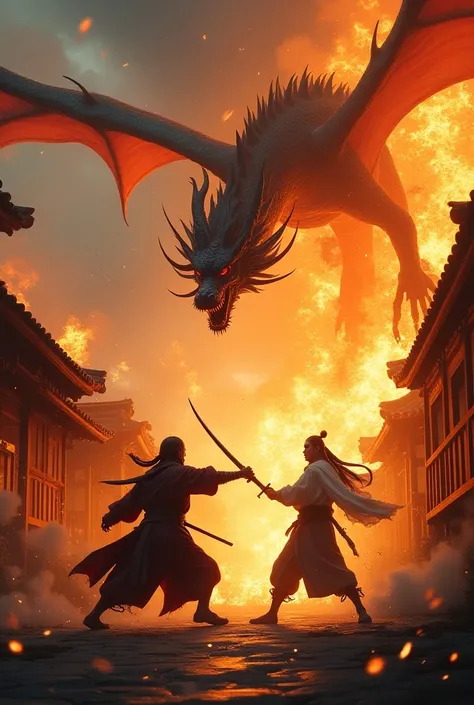 Create a picture for me where a ninja fights a samurai in a village what burns with an Asian dragon that breathes fire