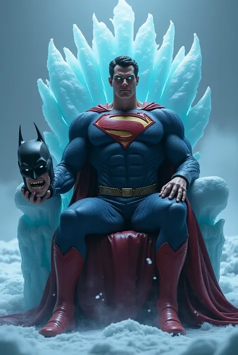  Superman sitting on a magnificent and large ice throne , sarcastic and evil face  , Laizer eyes , smile , holding the dead Batmans head in his left hand 