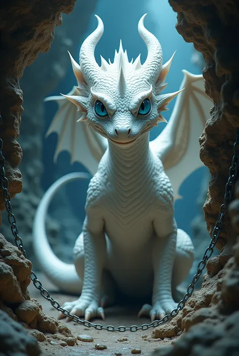 Beautiful white-colored dragon litmus, with blue eyes, chained in a cave 