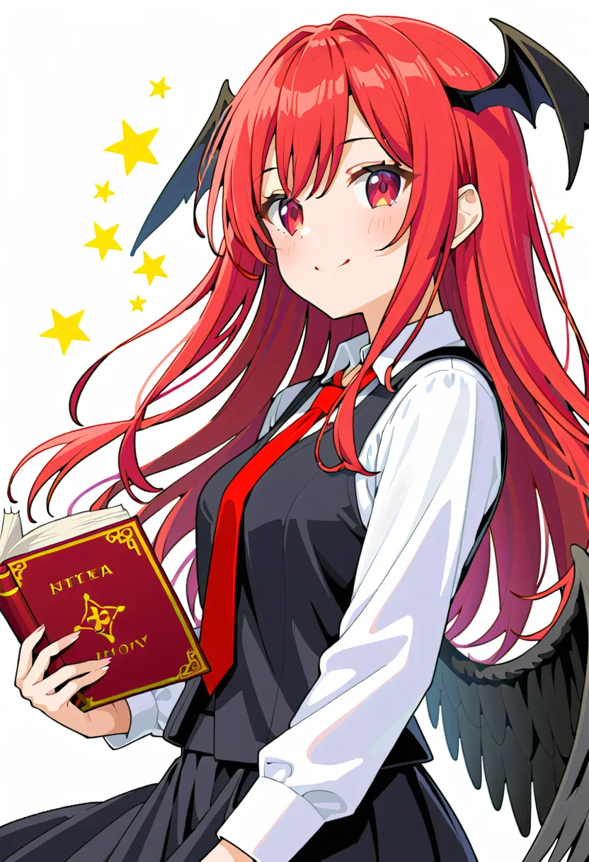 koakuma, red hair, red eyes, wings, head wings, black vest, black skirt, white shirt, red tie, sparkle, star \(symbol\), cowboy ...