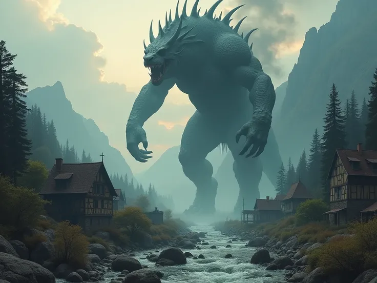  A terrible chthonic monster above the mountains above the trees walks along the valley between the rocks and steps across the river, approaches a medieval village with smoke from houses . masterpiece.  high quality.  highest detail. 