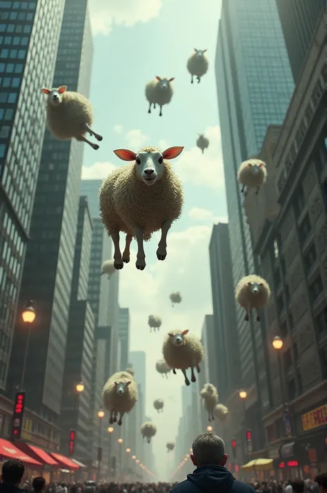 Create a landscape of chaos and sheep flying in the middle of a big city 