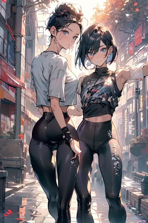 sfw,Best Quality,  official art, masterpiece,(1 person:2.0), Neutral Mens ,( flat chest:1.3),(7 heads), Black Hair ,(Bob Cut Hair),(running:1.5), sportswear,(stretchy leggings:1.5), sneakers , Short Sleeve Shirts,( Miniskirt),marathon course ,garden,Dynami...