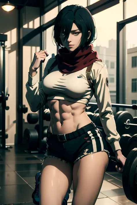 (masterpiece,  superior quality ,  best quality ), anime character, mikasa, filtro attack on titan, woman, gym, lifting weight, ...