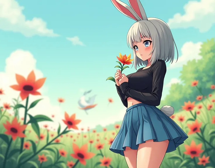   Bunny girl with prominent breasts and toned thighs ,  wearing a short blue skirt and a black blouse smelling a flower with unusual petals In anime style 