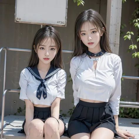 White summer clothes、Thin fabric summer clothes 、The collar is black 、 white three lines 、 scarf length is short 、 black pleated skirt、 the pleats are narrow 、 length short skirt 、 Miniskirt、Beautiful breasts、Big Breasts、Busty、超Big Breasts、Small waist、 lon...