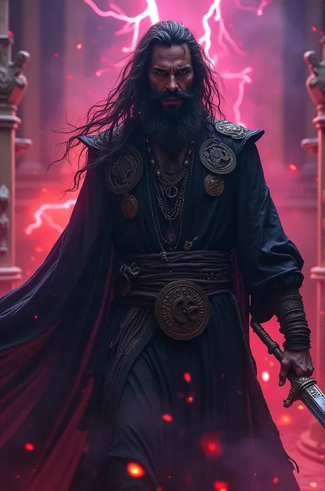 An ultra-HD cinematic scene of the tantric, an intense figure with dark, matted hair, and wearing a black, tattered robe with mystical symbols. He chants powerful mantras, and a dark aura surrounds him as he raises his hands, unleashing mystical energy tow...