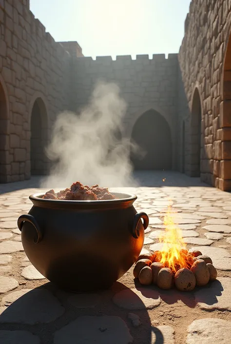  Make a large pot of meat on the left and a fire pit on the right,  placed one next to the other, in the middle of a huge, well-lit outdoor courtyard 