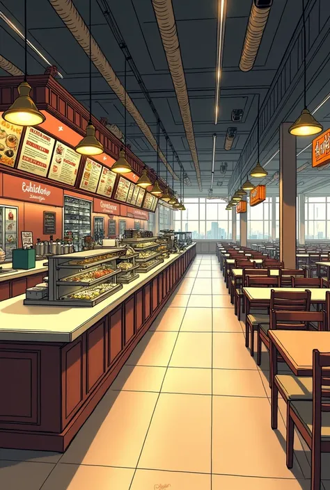  Big Restaurant with no people, lots of foods, chairs and tables, lights,Near the cashier,the view is in the front of cashier and menus drawing sketch only 