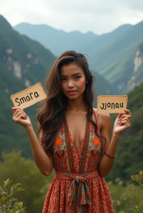  Beautiful girl with long wavy hair, bohemian dress,  holding signs with his hands showing it to the spectator. In the mountains of Quito ,  behind the city of Quito and the Basilica of Quito 
