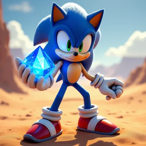 Sonic in his iconic career pose ,  with the blue gem shining in his hand and the desert in the background.