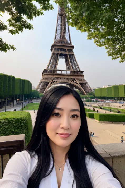  A 36-year-old woman takes a selfie from the first perspective of the Eiffel Tower。Oriental woman with round face, full chest, long black hair 。Light makeup for plain skin、Wear casual clothing from high-end brands、Body size about 110 kg 。Smile。