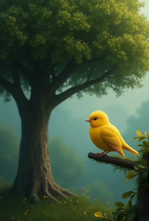 A lonely canary in front of a tree