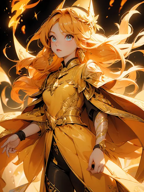 (((Masterpiece, best quality, high detailed, 16k))) (1girl) A young woman with fiery golden hair and amber eyes that seem to burn with an eternal flame. She wears light robes adorned with mystical runes that glow in shades of orange and gold. Solara comman...