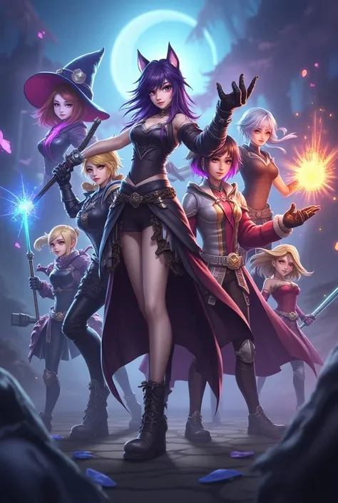  I want a photo with some characters from the game Mobile Legends together ,  Lilya She is a wizard with a wand  ,  her hair is purple and black .  Odette also has a wand , and she&#39;s blonde.  Benedetta is a short-haired killer ,  Wanwan is a girl who h...