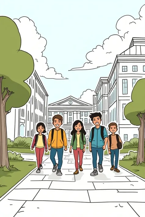  Help me create an image where young industrial engineering students are walking around the university.  I want a simple style that is like coloring in the foreground . something very easy to draw 