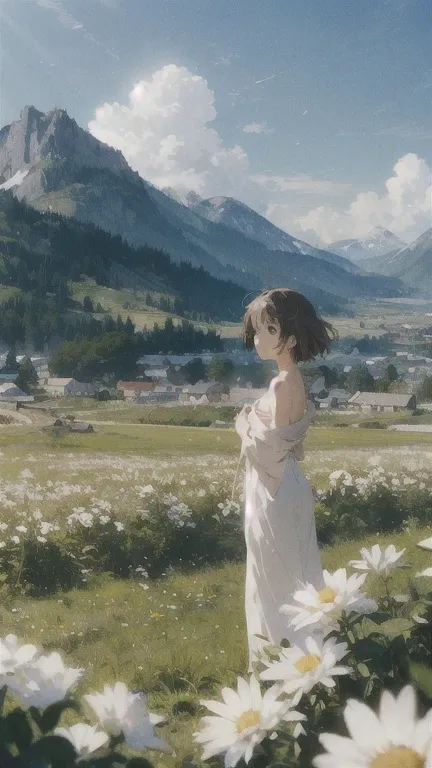 (BY Hayao Miyazaki:1.2),1 completelly naked girl,outdoors,flower,mountain,close shot,solo, short brown shaggy hair, sky, mountain, day, cloud, scenery, field, white flower, full body, winded disheveled hair, bangs, blue sky, mountainous horizon,  brown eye...