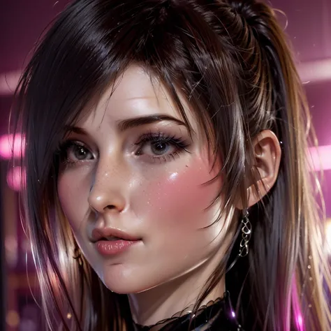 ((( ultra-realistic ))) Photo, Tifa lockhart,  black long hair , masterpiece,  high quality, ( pale skin), ( ultra-detailed face and eyes:1.3), 1 girl, adult, in a dress, ((eye makeup, pink mascara)), (( large detailed lips )), ((pink волнистые волосы)), (...